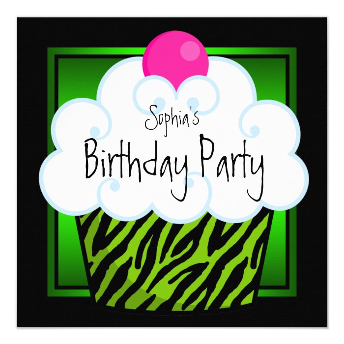 Lime Green Zebra Girls Cupcake Birthday Party Invite