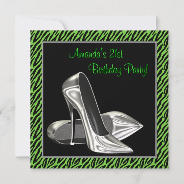 Lime Green Zebra High Heels Birthday Party Invitation (Front)