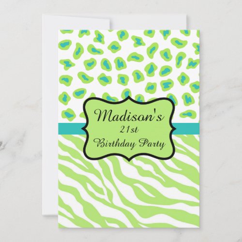 Lime Green Zebra Leopard 21st Birthday Invitation