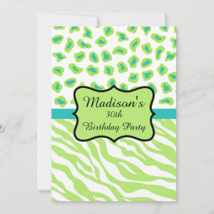 Lime Green Zebra Leopard 30th Birthday Invitation