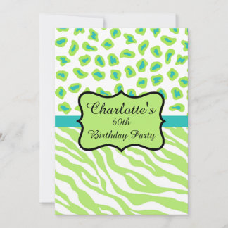 Lime Green Zebra Leopard 60th Birthday Invitation