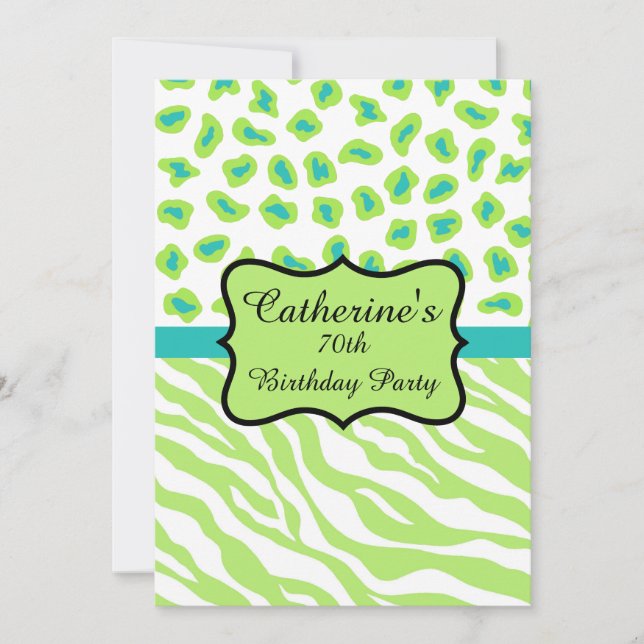 Lime Green Zebra Leopard 70th Birthday Invitation (Front)