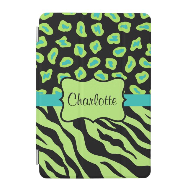 Lime Green Zebra Leopard Skin Name Personalized iPad Mini Cover (Front)