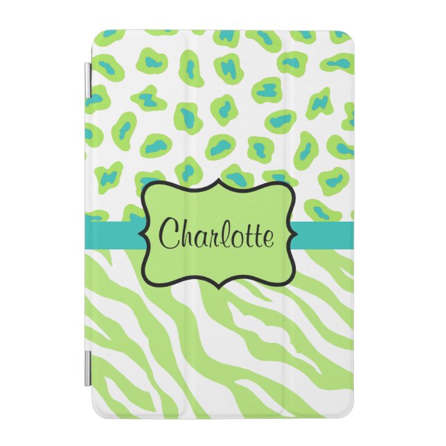 Lime Green Zebra Leopard Skin Name Personalized iPad Mini Cover (Front)
