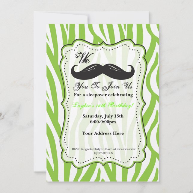 Lime Green Zebra Mustache Birthday Party Invite (Front)