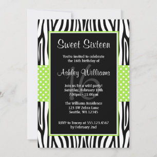 Lime Green Zebra Polka Dot Sweet 16 Invitations