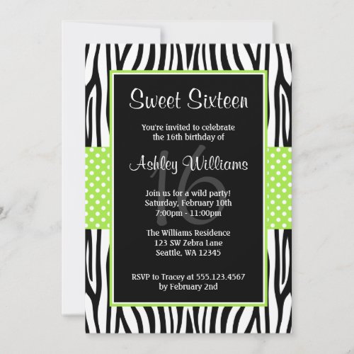 Lime Green Zebra Polka Dot Sweet 16 Invitations
