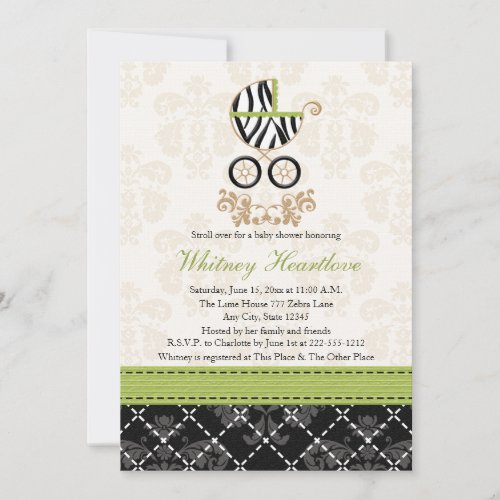 Lime Green Zebra Print Baby Carriage Baby Shower Invitation