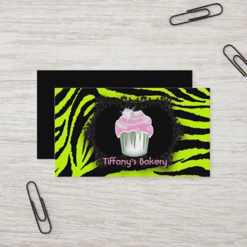 Lime green zebra print bakery Pink Cupcake Business Card