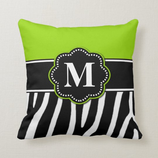 Lime Green Zebra Print Monogram Pillow
