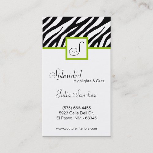 Lime Green Zebra Print Personalize Business Card
