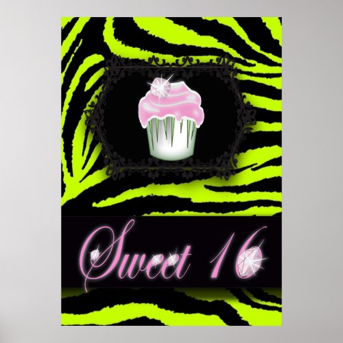 Lime green zebra print Pink Cupcake Sweet Sixteen