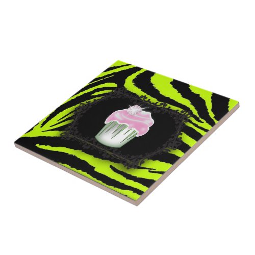 Lime green zebra print Pink Cupcake Sweet Sixteen Ceramic Tile