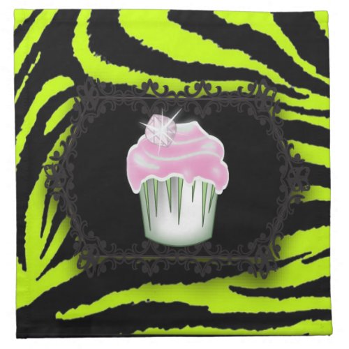 Lime green zebra print Pink Cupcake Sweet Sixteen Cloth Napkin
