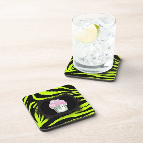 Lime green zebra print Pink Cupcake Sweet Sixteen Coaster