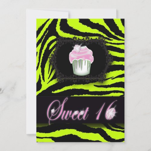 Lime green zebra print Pink Cupcake Sweet Sixteen Invitation