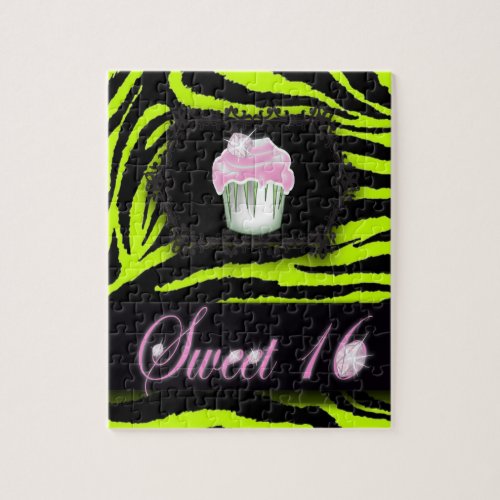 Lime green zebra print Pink Cupcake Sweet Sixteen Jigsaw Puzzle