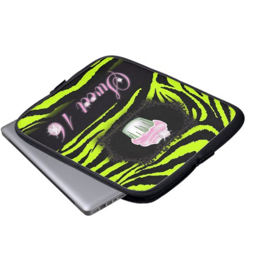 Lime green zebra print Pink Cupcake Sweet Sixteen Laptop Sleeve