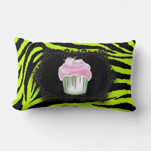 Lime green zebra print Pink Cupcake Sweet Sixteen Lumbar Pillow