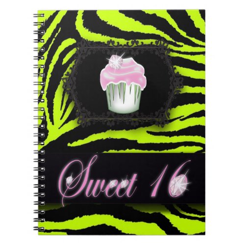 Lime green zebra print Pink Cupcake Sweet Sixteen Notebook