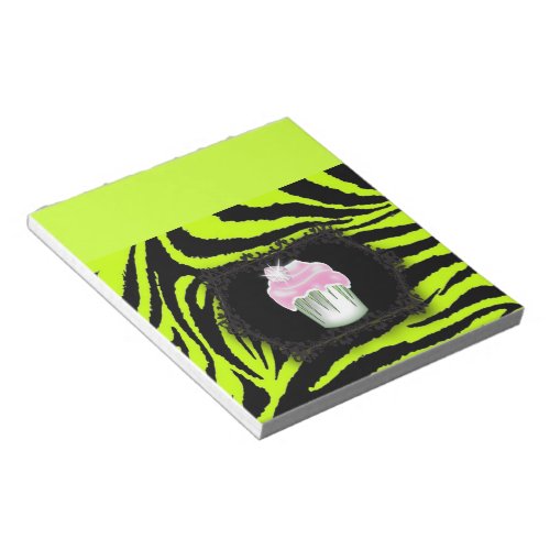 Lime green zebra print Pink Cupcake Sweet Sixteen Notepad