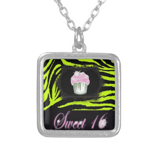 Lime green zebra print Pink Cupcake Sweet Sixteen Silver Plated Necklace