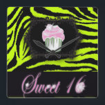 Lime green zebra print Pink Cupcake Sweet Sixteen Square Wall Clock<br><div class="desc">Lime green zebra print Pink Cupcake Sweet Sixteen  fashion accessories are perfect for sweet 16 birthday party gifts.  16th birthday gift ideas for teen girls.</div>