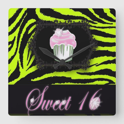 Lime green zebra print Pink Cupcake Sweet Sixteen Square Wall Clock