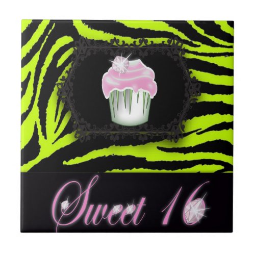 Lime green zebra print Pink Cupcake Sweet Sixteen Tile