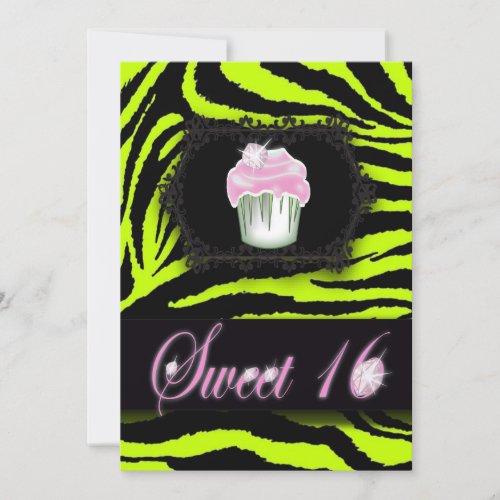 Lime Green Zebra Print Sweet 16 Party Invitation