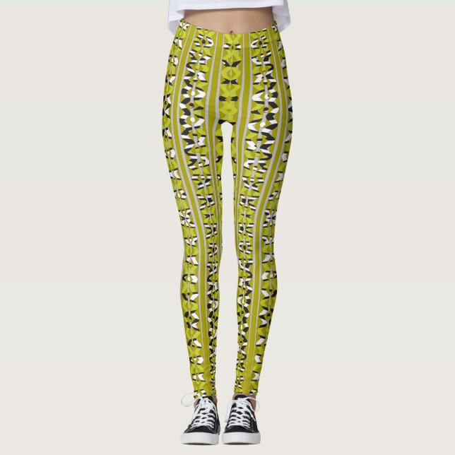 Lime Groove Leggings – Retro Chain Stripe Pattern (Front)