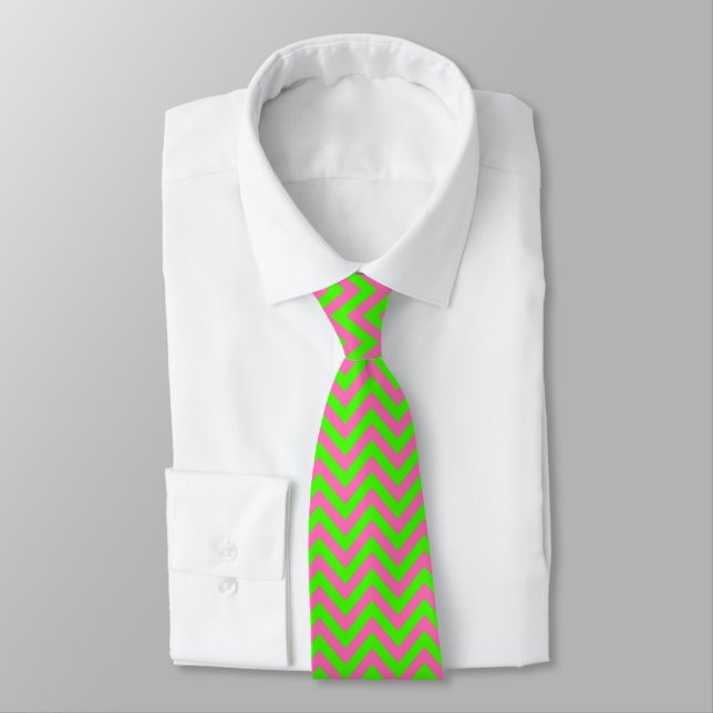 Lime, Hot Pink #2 LG Chevron ZigZag Pattern Neck Tie (Tied)