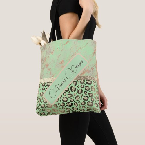 Lime Marble Glittery Leopard Personalized Tote Bag