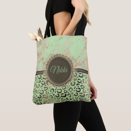 Lime Marble Glittery Leopard Personalized Tote Bag