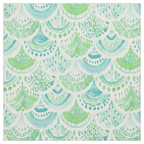 Lime MERMAID DAYDREAMS Watercolor Beach Fish Scale Fabric