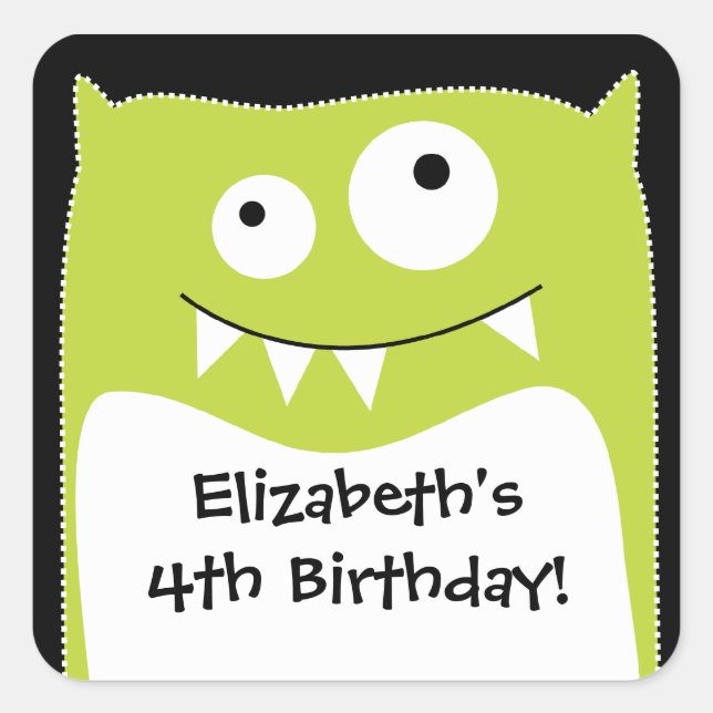 Lime Monster Bash Birthday Square Sticker (Front)