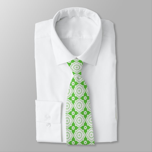 Lime Moroccan Lattice - Quatrefoil Gears Pattern Neck Tie (Tied)