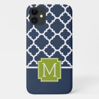 Lime & Navy arabesque Pattern Custom Monogram iPhone 11 Case