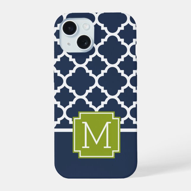 Lime & Navy arabesque Pattern Custom Monogram Iphone Case (Back)