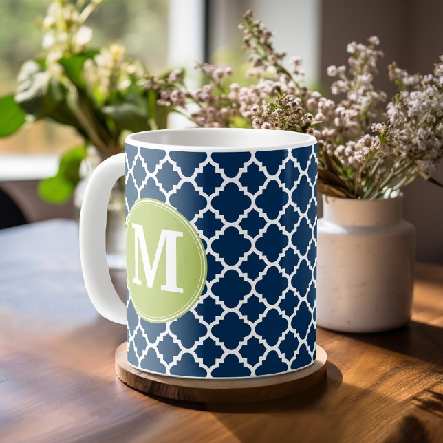 Lime Navy Geometric Pattern Custom Monogram Coffee Mug (Mug template)