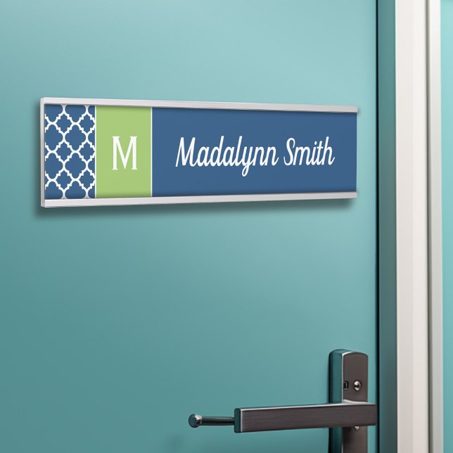 Lime & Navy Geometric Pattern Custom Monogram Door Sign (Personalized Door Sign - Add Your Custom Text)
