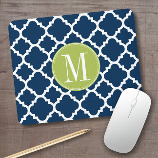 Lime & Navy Geometric Pattern Custom Monogram Mouse Pad
