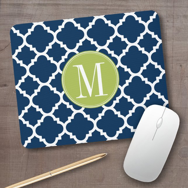 Lime & Navy Geometric Pattern Custom Monogram Mouse Pad (Personalized mousepad - add your monogram or name)