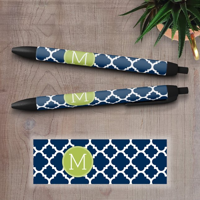 Lime & Navy Geometric Pattern Custom Monogram Pen (Personalized Writing Pens)