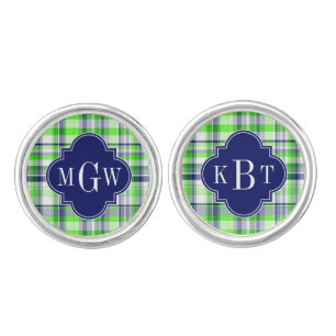 Lime, Navy, Wht Preppy Madras Quatrefoil Monogram Cufflinks