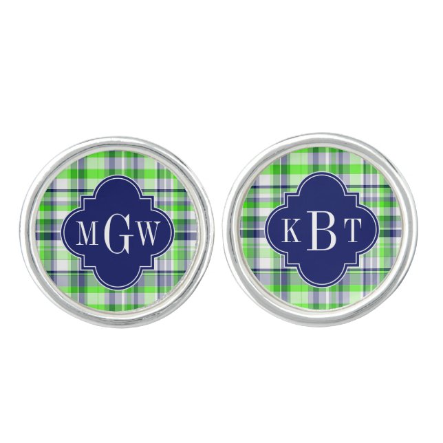 Lime, Navy, Wht Preppy Madras Quatrefoil Monogram Cufflinks (Front)