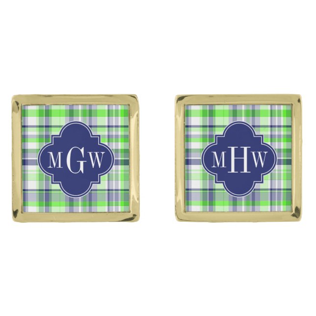 Lime, Navy, Wht Preppy Madras Quatrefoil Monogram Cufflinks (Front)