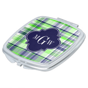 Lime, Navy, Wht Preppy Madras Quatrefoil Monogram Mirror For Makeup