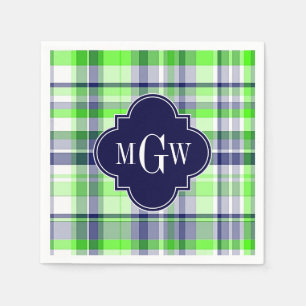 Lime, Navy, Wht Preppy Madras Quatrefoil Monogram Paper Napkins
