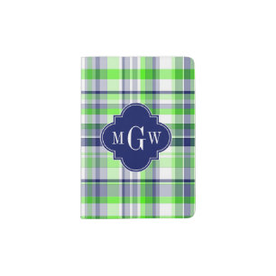 Lime, Navy, Wht Preppy Madras Quatrefoil Monogram Passport Holder
